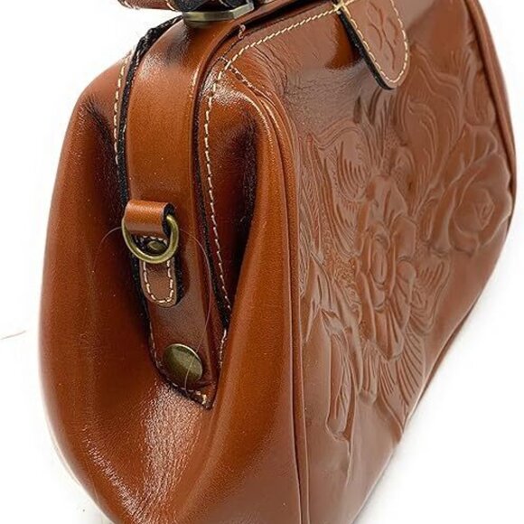 PATRICIA NASH GRACCHI SATCHEL TAN LEATHER CROSSBODY/PURSE BAG NWT ROSE TOOLED - Picture 3 of 5
